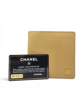 Chanel Beige Caviar Leather CC Logo Bifold Wallet W/ Authenticity card.